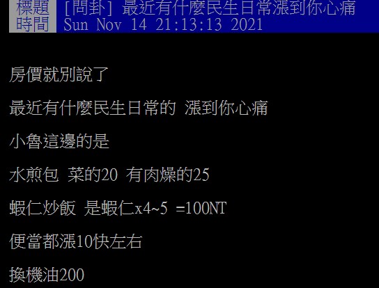 一名網友在PTT版上問卦,最近有什麼民生日常漲到你心痛。(圖/翻攝自PTT)