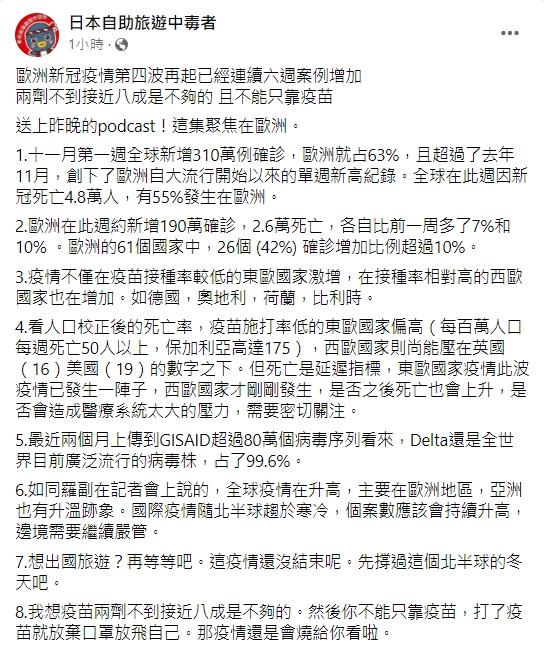 林氏璧分析近期歐洲疫情。(圖/翻攝自日本自助旅遊中毒者臉書)