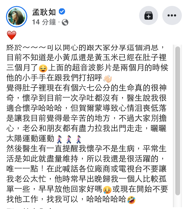孟耿如宣布懷孕。(圖/翻攝自孟耿如臉書)