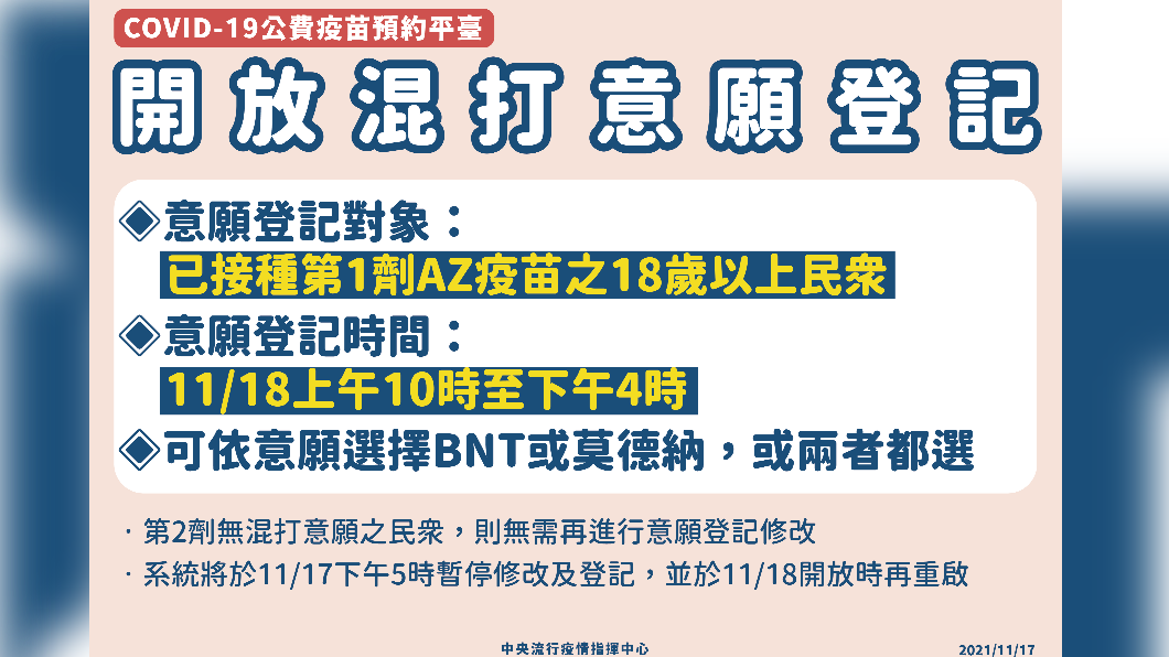 開放混打意願登記。(圖/中央流行疫情指揮中心)