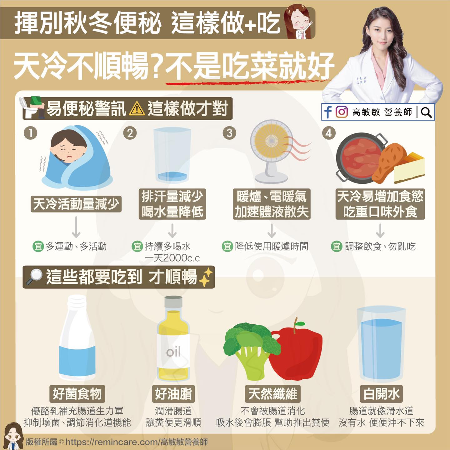 揮別秋冬便秘,這樣做+吃。(圖/翻攝自高敏敏 營養師臉書)