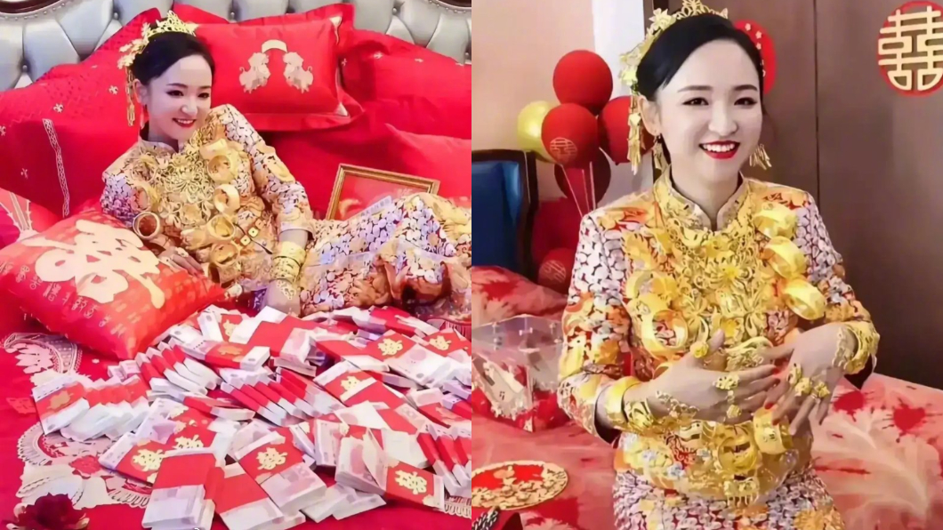 超狂新娘10公斤黃金掛全身 爽躺3百萬鈔票堆燦笑出嫁