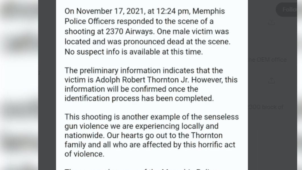 曼非斯市警方推特證實死者是本名本名小阿道夫・松頓的饒舌歌手Young Dolph。(圖/翻攝Memphis Police Dept)