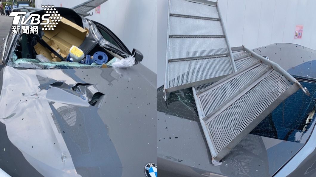 害了了!工地吊掛作業不慎 機具從天而降砸破BMW大7