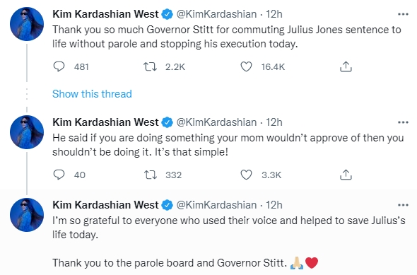 時尚名媛金·卡戴珊也在推特上感謝政府的不殺之恩。（圖／翻攝自@KimKardashian推特）