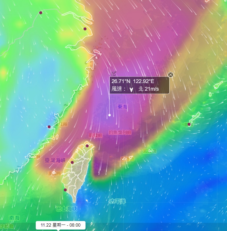 22日早上8時海面風速。(圖/翻攝自鄭明典臉書)