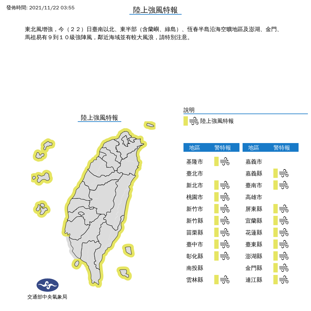 氣象局今(22)日針對18縣市發布「陸上強風特報」。(圖/中央氣象局)