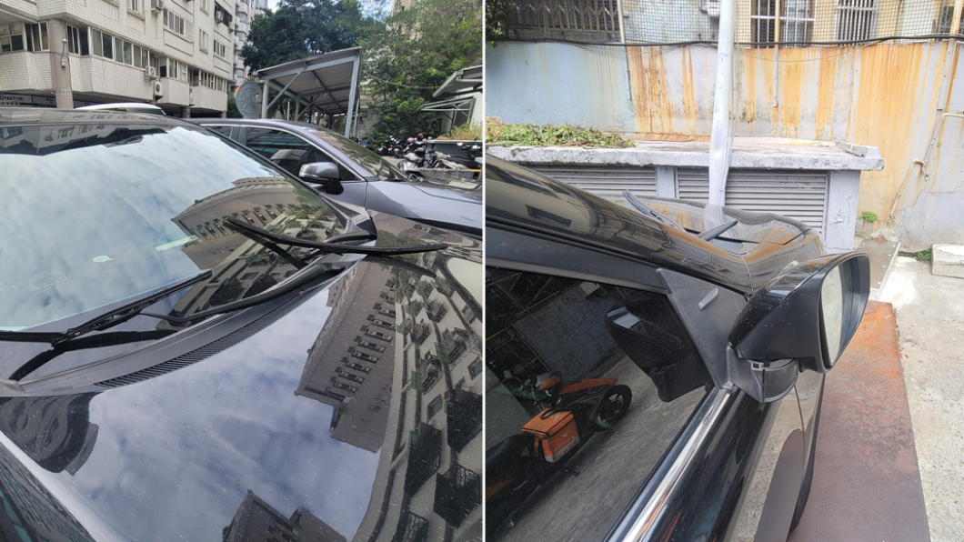 休旅車的雨刷疑似被破壞、後照鏡被反折。(圖/翻攝自臉書社團「爆料公社」)
