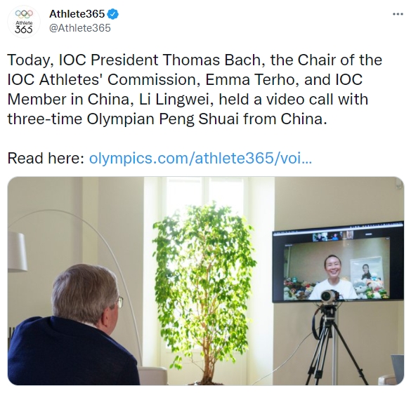 國際奧會(IOC)主席巴赫聲稱與彭帥通話,證明安全無虞。(圖/翻攝自@Athlete365推特)
