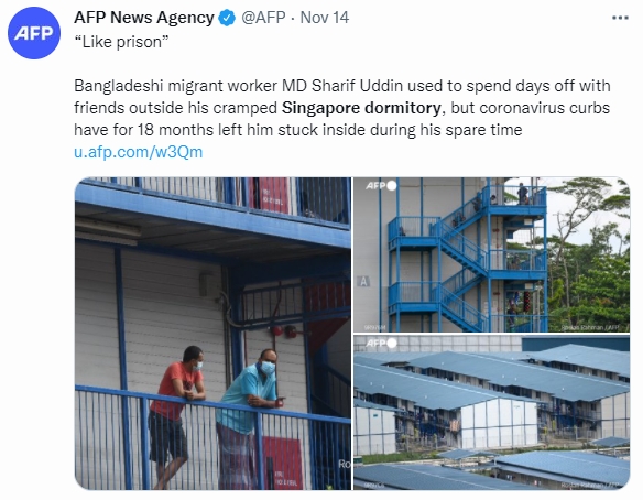 新加坡的外籍勞工每天仍只能過著兩點一線的生活。(圖/翻攝自@AFP推特)