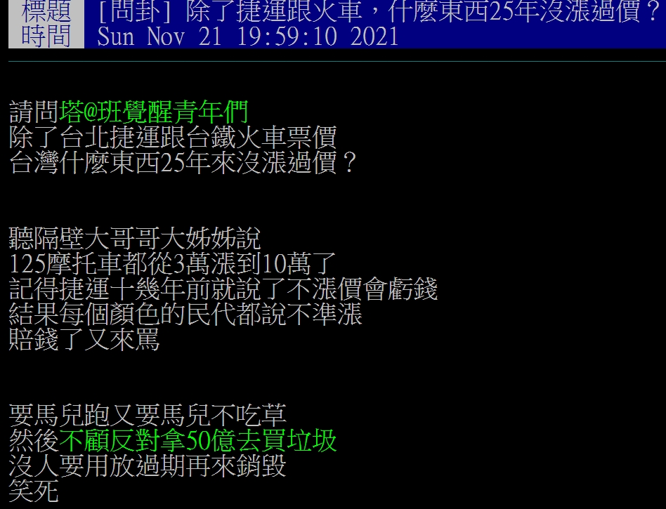網友好奇有什麼東西從未漲過價。（圖／翻攝自PTT八卦板）