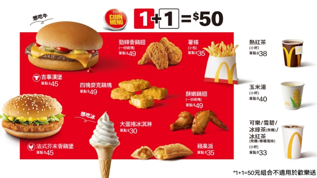 銅板輕鬆點「1+1=50」。(圖/台灣麥當勞提供)