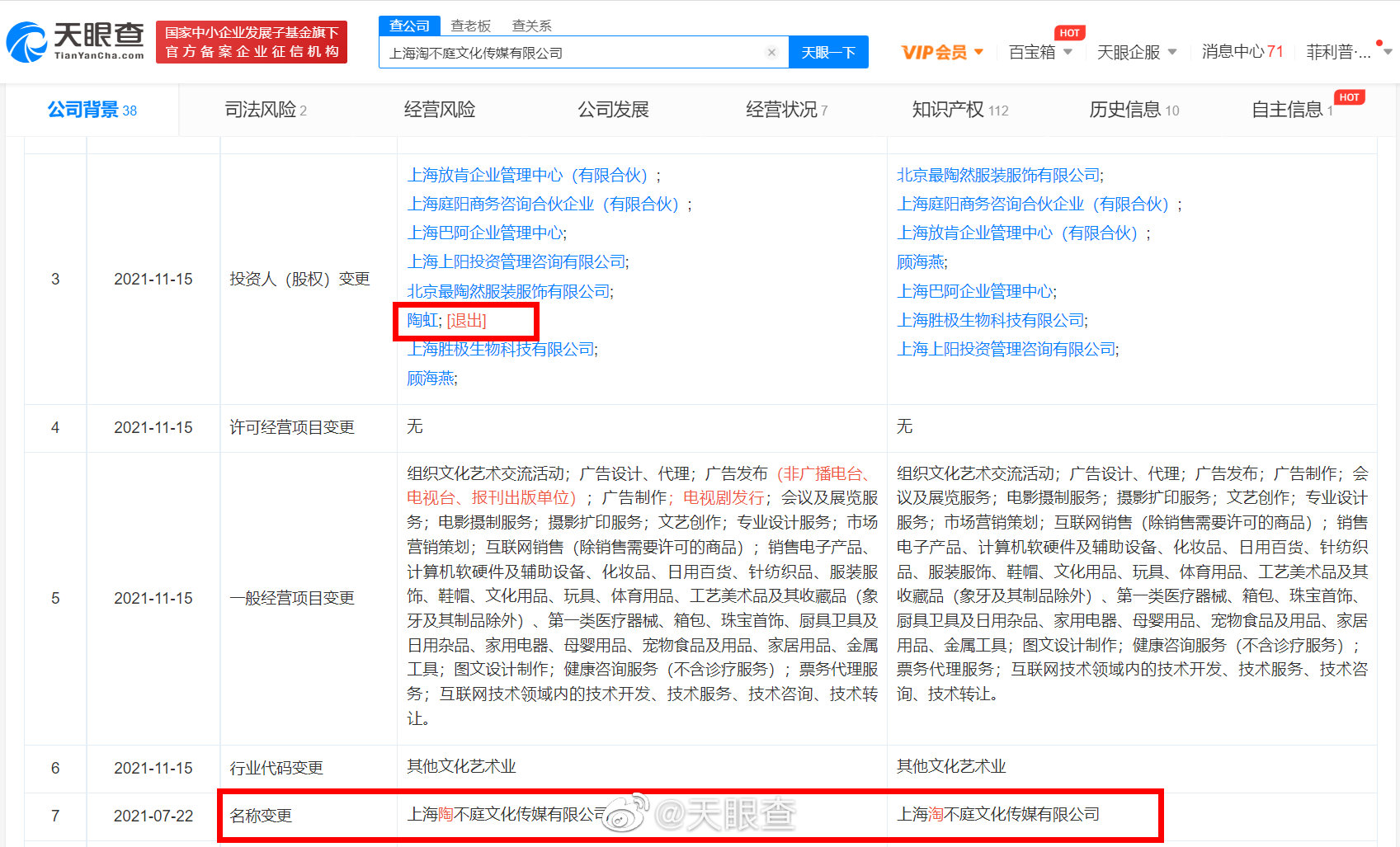 陶虹爆出退出與張庭合夥公司。(圖/翻攝自天眼查微博)