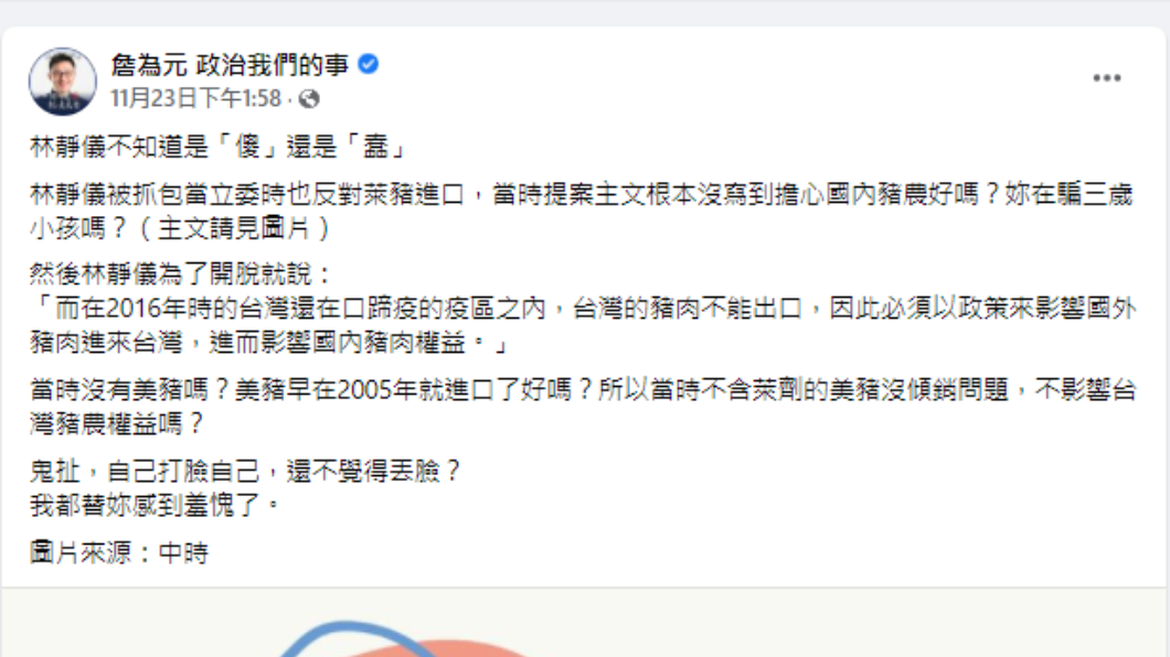 詹為元轟林靜儀鬼扯。(圖/翻攝自詹為元 政治我們的事Facebook)