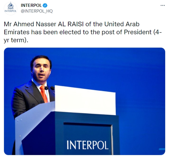 國際刑警組織於推特上宣布阿萊希當選消息。(圖/翻攝自INTERPOL 推特 @INTERPOL_HQ)