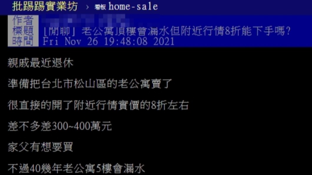 原PO好奇頂樓會漏水但價格相對優惠的房屋是否可入手。(圖/翻攝自PTT)