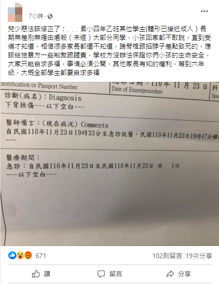 受傷女童家長PO出驗傷單,控訴女兒被男同學踢傷,要求校方嚴懲。(圖/翻攝自我愛大甲2臉書)