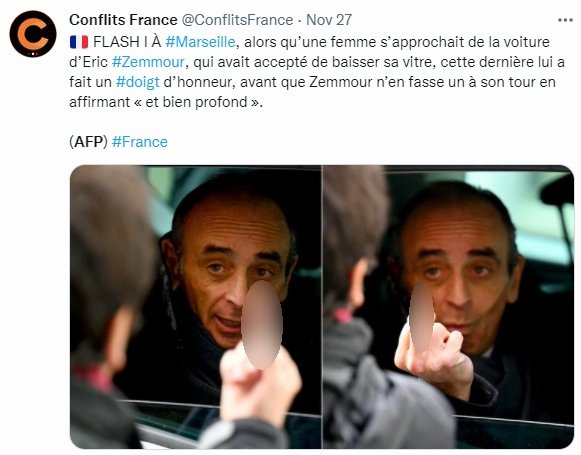澤穆爾被法新社記者拍到和民眾互比中指。（圖／翻攝自@ConflitsFrance推特）