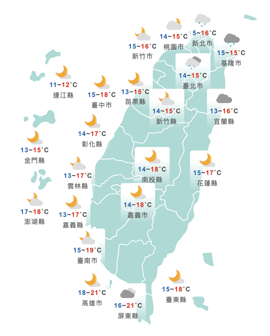 今(1)晚至明(2)晨的預估氣溫。(圖/翻攝自中央氣象局)