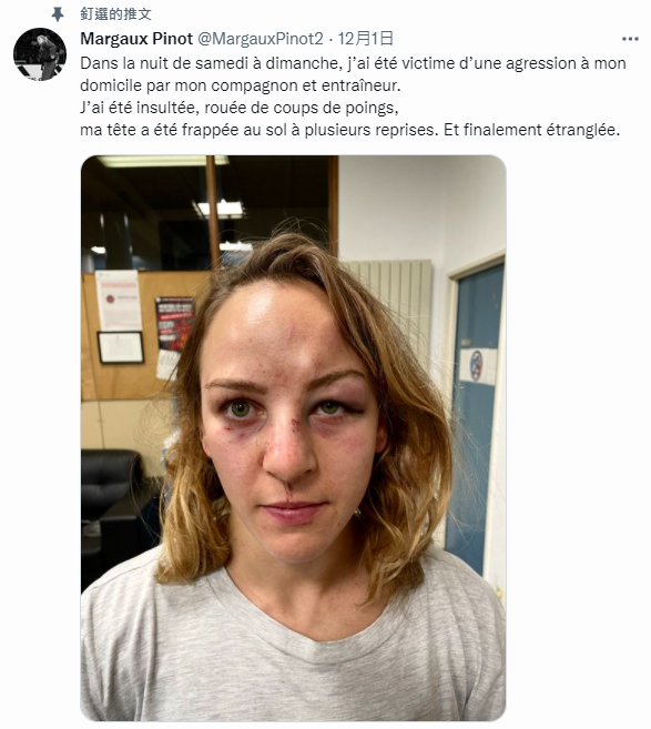 皮諾在推特上發文指控遭到施密特施暴。(圖/翻攝自 Margaux Pinot 推特 @MargauxPinot2)