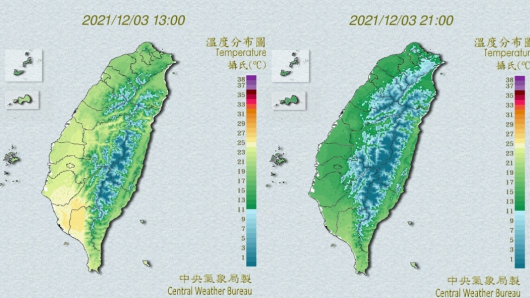 全台各地愈晚愈冷,北部地區明顯「發白」。(圖/中央氣象局)