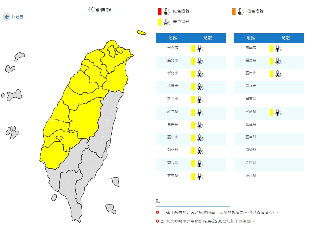 氣象局針對全台14個縣市發布低溫特報。(圖/中央氣象局)