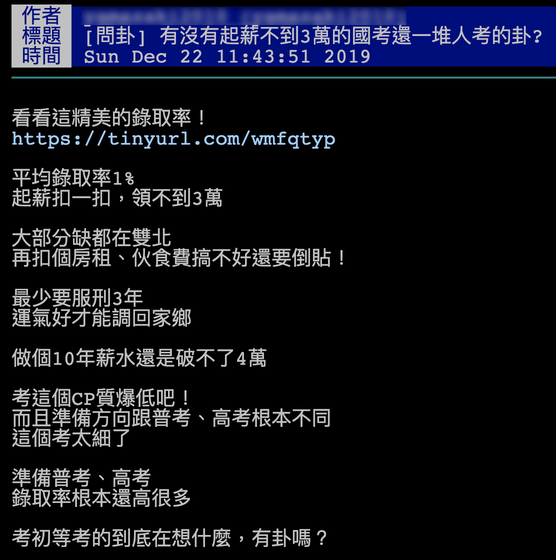 網友日前於PTT發文指出初等考試錄取率超低且低薪,卻還一堆人要考。(圖/翻攝自PTT)