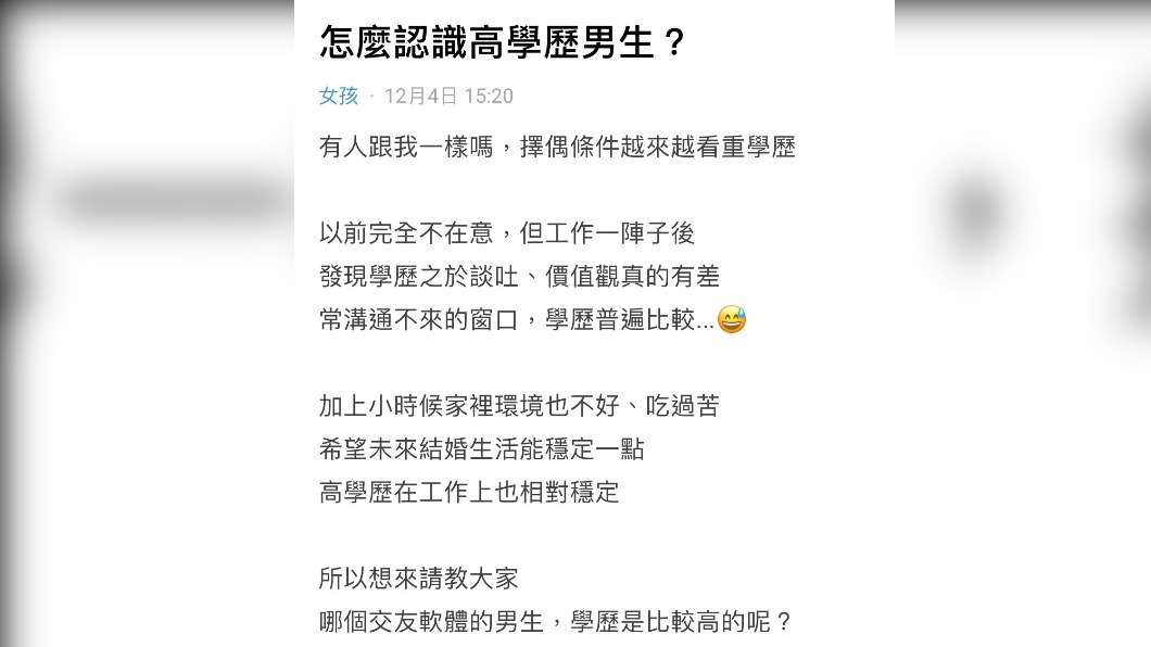 有女網友提問「如何認識高學歷男」，引發網友熱議。（圖／擷取自Dcard）