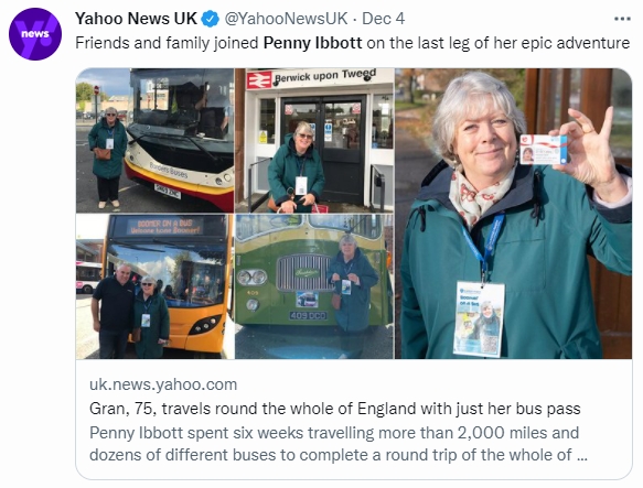 佩妮憑著一張車票旅行了3500多公里。（圖／翻攝自@YahooNewsUK推特）