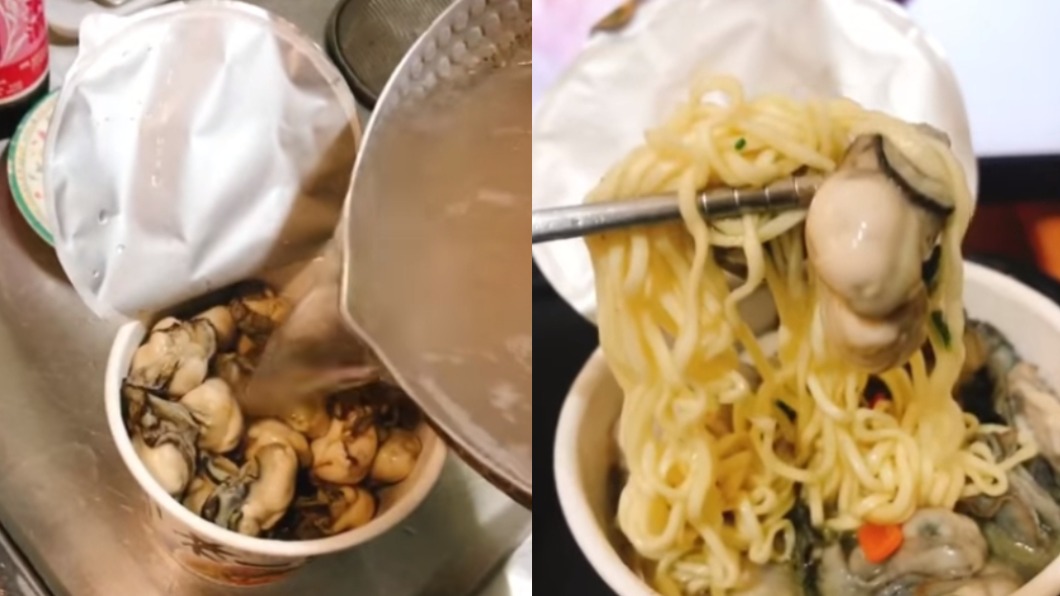 小小一碗泡麵被塞爆飽滿牡蠣。(圖/「家常菜」臉書)