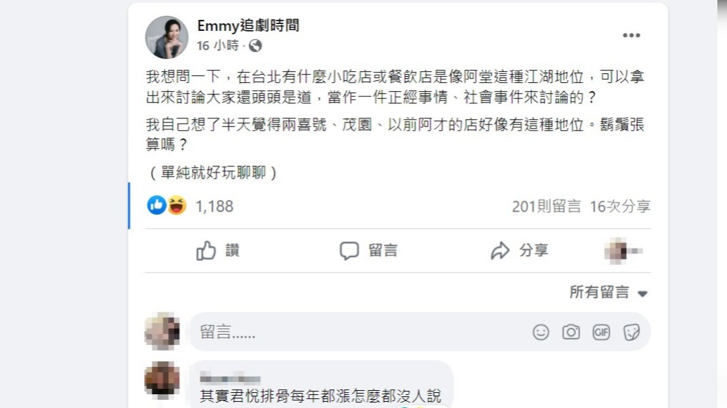 網紅發文詢問,台北有什麼店家能堪比台南阿堂。(圖/翻攝自Emmy追劇時間)