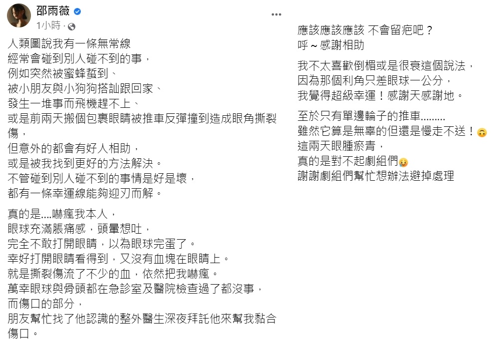 邵雨薇驚曝受傷掛彩。（圖／翻攝自邵雨薇臉書）