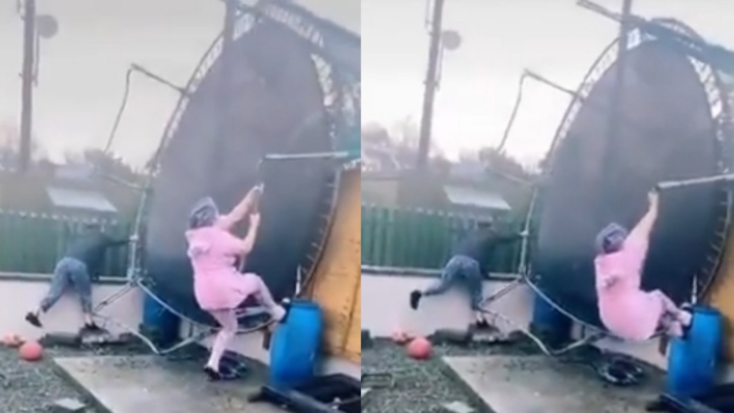 女力爆發！暴風險吹走跳床　愛爾蘭大媽懸空中死命拉
