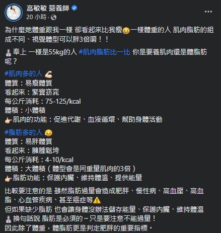 高敏敏針對肌肉和體脂肪進行分析。（圖／翻攝自高敏敏Facebook）