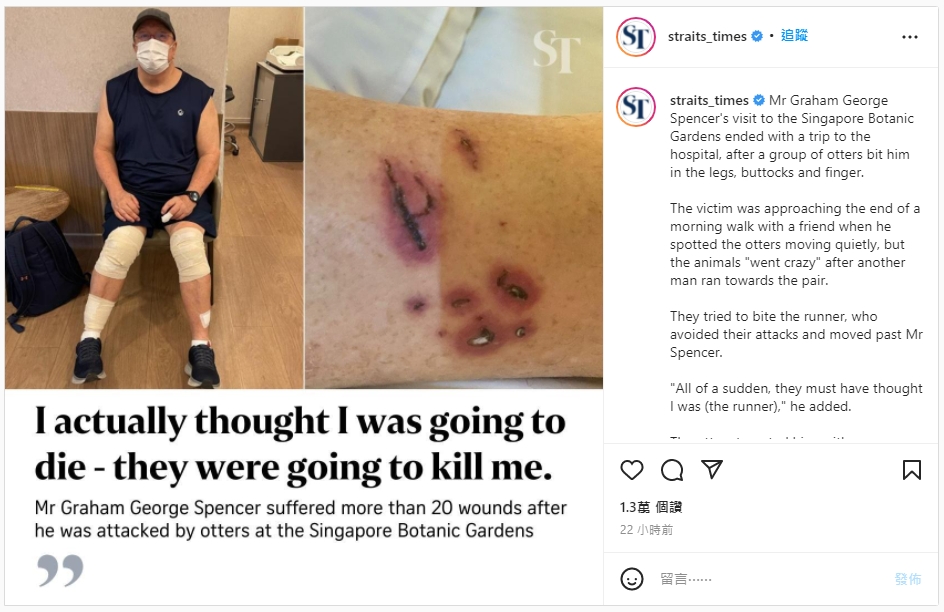 史賓賽身上多達20處傷口。（圖／翻攝自straits_times IG）