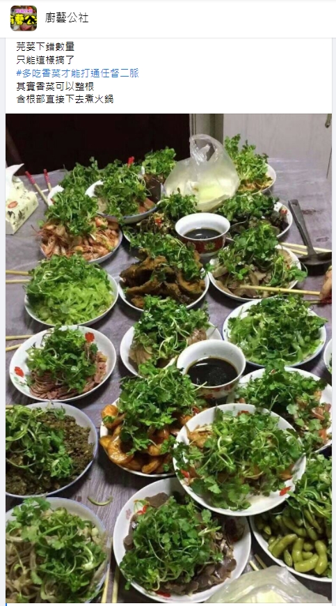 網友分享他的香菜全餐。(圖/翻攝自臉書社團《廚藝公社》)
