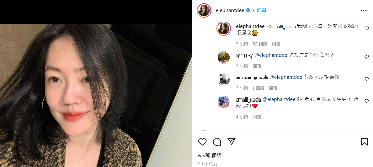 小S透露曾問過林心如,結果遭到對方拒絕。(圖/翻攝自elephantdee IG)