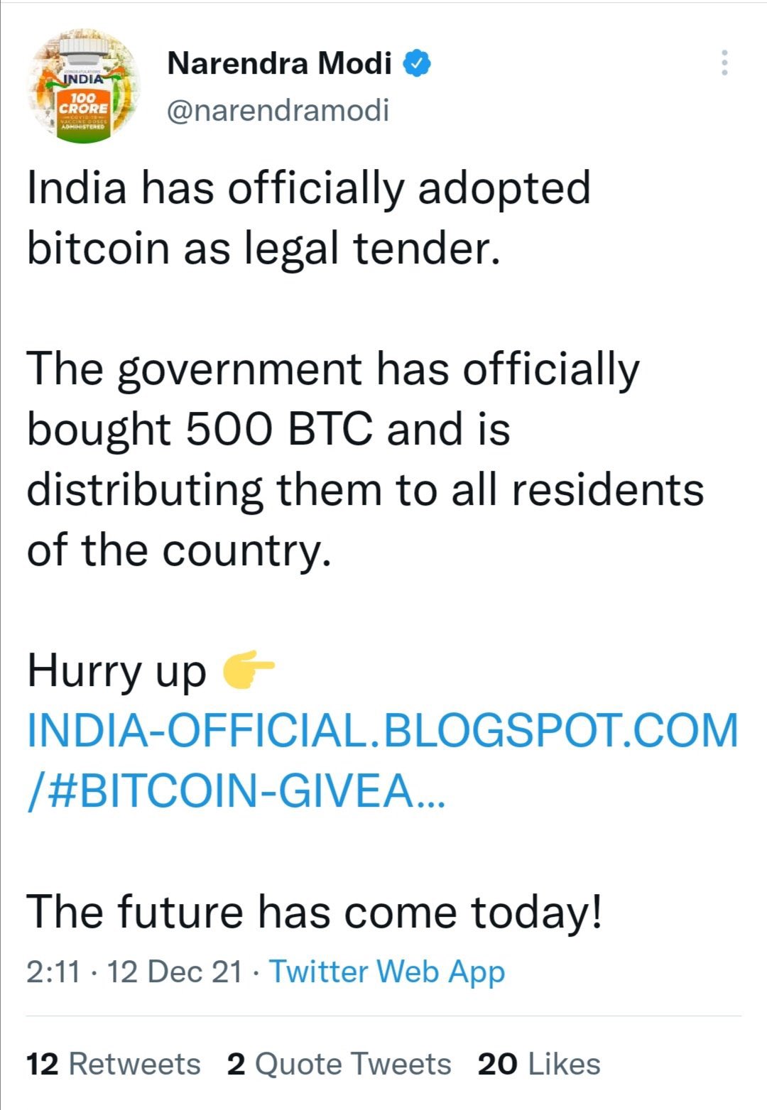 駭客推文謊稱比特幣已列為印度法定貨幣。（圖／翻攝自 Shashank Shekhar Jha 推特 @shashank_ssj）
