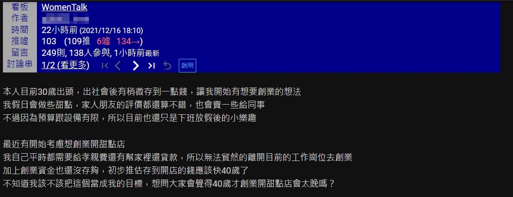 原PO在Women Talk板上以標題「40歲才開甜點店會太晚嗎?」發文。(圖/翻攝自PTT)