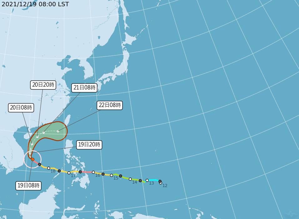 強颱雷伊12/19上午8時路徑潛勢圖。（圖／氣象局）