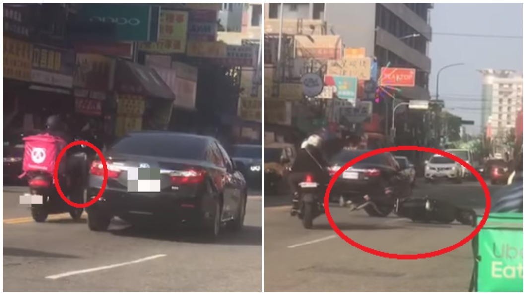 路中相鬥！外送員使出「無影腳」踹轎車　下秒擊落無辜騎士
