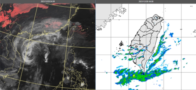 中颱「雷伊」颱風眼消失，雲層即將籠罩台灣。（圖／中央氣象局）