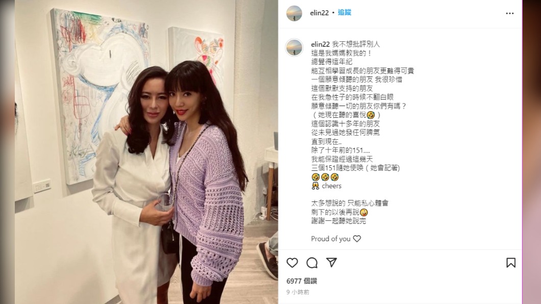 Elin發文力挺閨密李靚蕾。(圖/翻攝自Elin IG)
