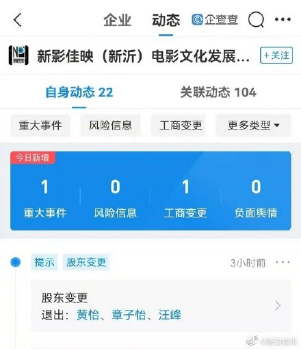 天眼APP顯示章子怡、汪峰退出共同經營的公司。(圖/翻攝自微博)