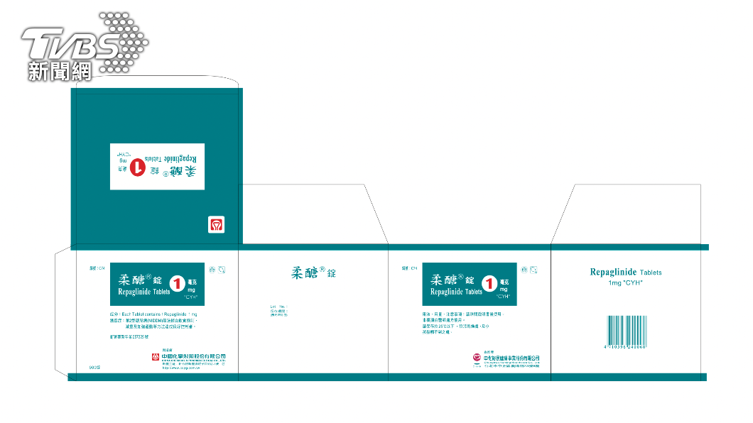 「柔醣錠1毫克 Repaglinide Tablets 1mg "CYH”」。(圖/食藥署提供)