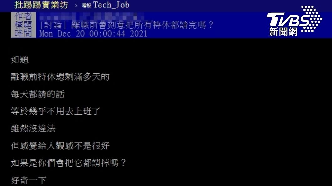 原PO詢問網友在離職前是否會將特休休完。(圖/翻攝自PTT)
