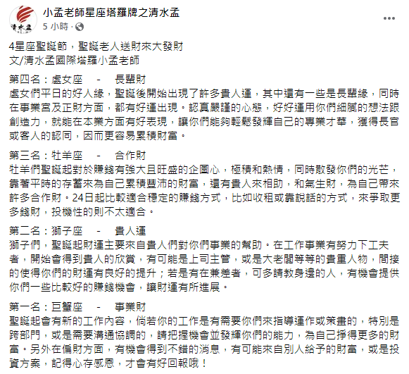 小孟老師分析星座運勢。（圖／翻攝自小孟老師星座塔羅牌之清水孟Facebook）