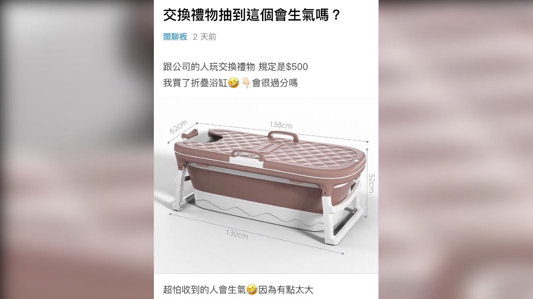原PO詢問網友交換禮物買「摺疊浴缸」大家會喜歡嗎。(圖/擷取自Dcard)