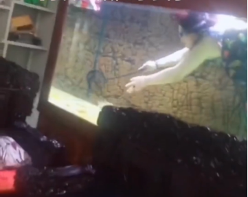 這名媽媽穿上全套泳衣在魚缸裡撈魚。 （圖／翻攝自微博）