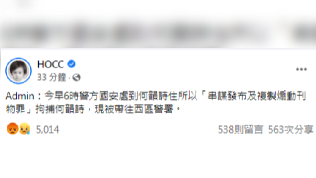 何韻詩被捕。(圖/翻攝自何韻詩臉書)